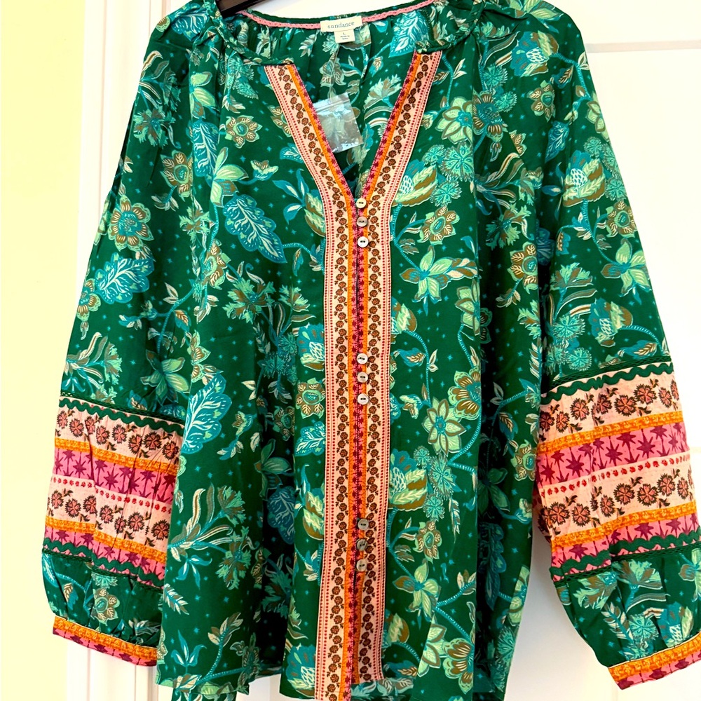 Sundance Arvilla Green Floral Blouse NWT Size L